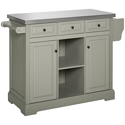 HOMCOM Rolling Kitchen Island with Storage, Kitchen Cart with Stainless Steel Top, Spice Rack & Drawers, Gray