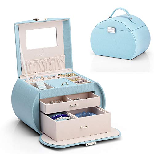 Vlando Jewelry Box for Girls Princess Style Girls Jewelry Box 3-Layer Kids Jewelry Box with Mirror Jewelry Box for Girls 8-12 Christmas Gift for Teens (Blue)