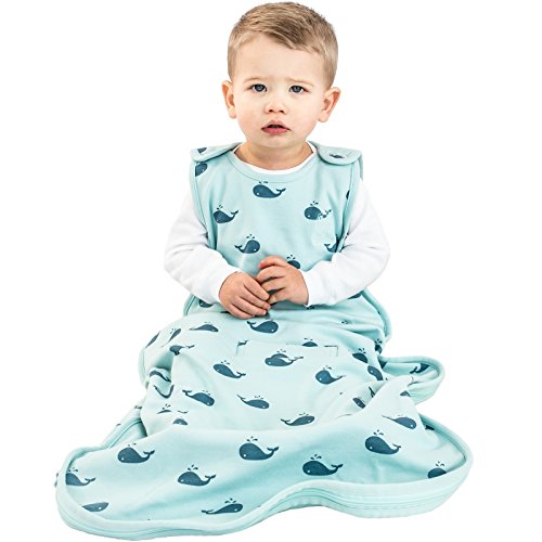 Woolino Ultimate Baby Sleep Sack - 4 Season - Merino Wool and Organic Cotton Two-Way Zipper Adjustable Baby Sleeping Bag - Universal Size Sleep Sack for Baby (2-24 Months) - Whales