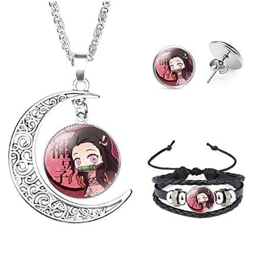 Aquasuki Nezuko Kamado Anime Jewelry Set Glass Dome Crescent Moon Pendant Charm Necklace, Earrings, Bracelet Jewelry Set Gifts for Women Girls (Nezuko Kamado)