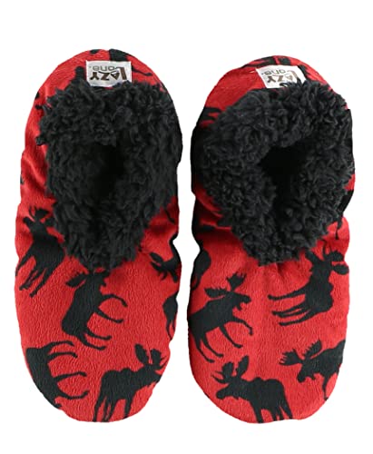Lazy One Fuzzy Feet Slippers for Women, Cute Fleece-Lined House Slippers, Mooose, Red, Non-Skid