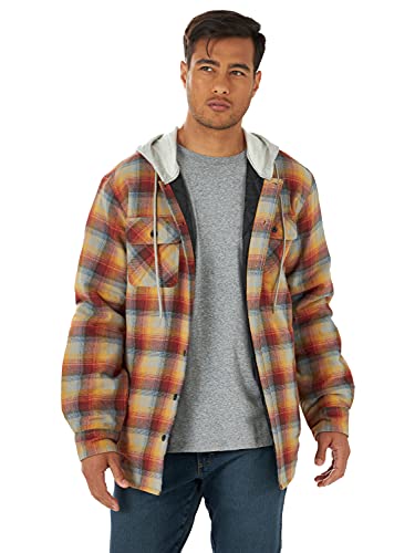 Wrangler Authentics Men's Long Sleeve Quilted Lined Flannel Shirt Jacket with Hood, Red/Yellow, X-Large