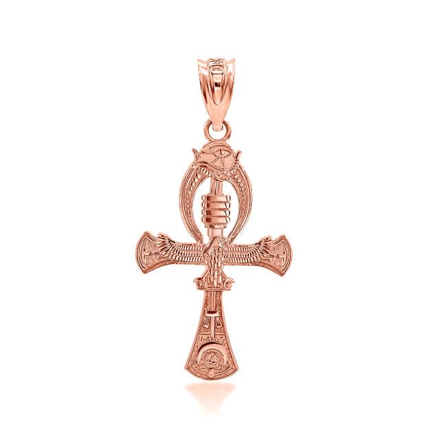 Egyptian Ankh Cross Eagle Eye of Horus Pendant 10K Rose Gold