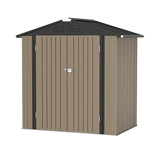 Greesum Metal Outdoor Storage Shed 6FT x 4FT, Steel Utility Tool Shed Storage House with Door & Lock for Backyard Garden Patio Lawn (6' x 4'), Brown