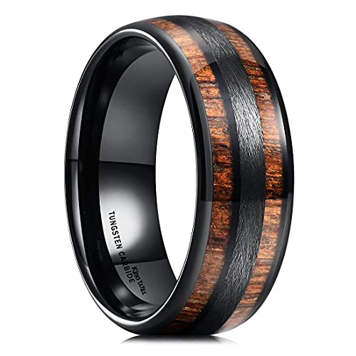 King Will Nature 8mm Mens Domed nature Koa Wood Inlay Black Tungsten Carbide Ring Wedding Band 10