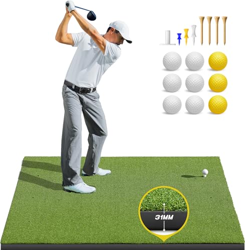 Bltend Golf Mat Pro, 5x4ft Golf Hitting Mats Practice Outdoor Indoor, Artificial Turf Golf Practice Mats with Rubber Tees, 9 Golf Balls, 8 Golf Tees, Golf Training Aids for Backyard Garage Driving