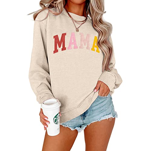 BOUTIKOME Mama Sweatshirt Women Funny Mama Letter Print Graphic Mom Life Long Sleeve Crewneck Pullover Shirt Loose Tops(Apricot-16,L)