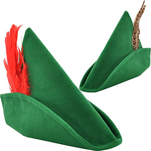 Spooktacular Creations 2 Pcs Halloween Felt Robin Hood Hats with Feather, Alpine Hat Party Costume, Hat, German Hat, Green Tyrolean Hat Halloween Dress Up Party Favor, One Size Fits All for Adult