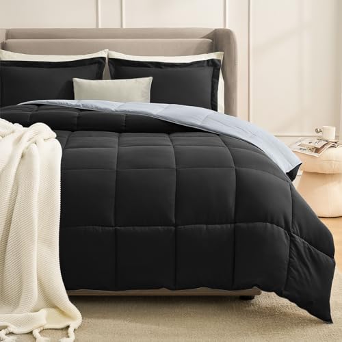 Homelike Moment Lightweight Comforter Set Queen Reversible All Season Down Alternative Bed Comforter Set Summer Blanket 3 Piece - 1 Comforter 2 Pillow Shams Full/Queen Size Black/Light Grey