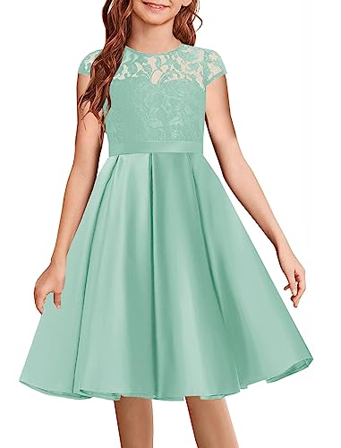 HOSIKA Girls Vintage Floral Lace A-Line Wedding Satin Junior Bridesmaid Flower Girls Dresses Light Green 6-12 Years XL
