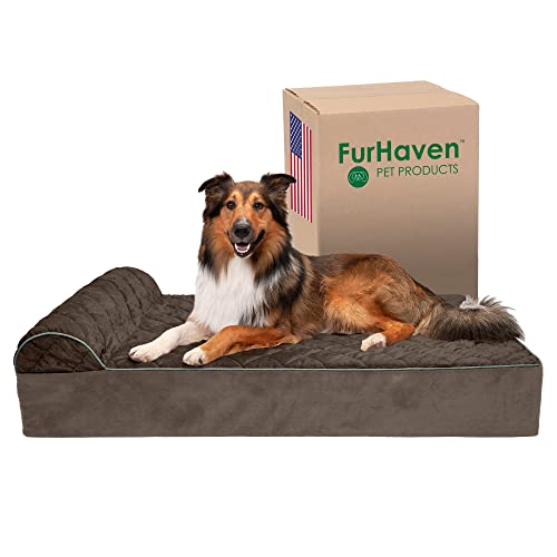 Furhaven Orthopedic Dog Bed for Extra Large Dogs w/ Bonus Water-Resistant Liner & Removable Washable Cover, For Dogs Up to 300 lbs - Goliath Quilted Faux Fur & Velvet Bolster Chaise - Espresso, XXL