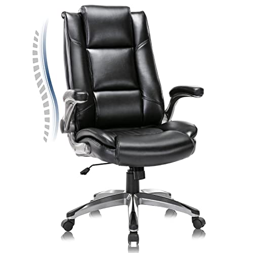 COLAMY Leather Executive Office Chair- High Back Home Computer Desk Chair with Padded Flip-up Arms, Adjustable Tilt Lock, Swivel Rolling Ergonomic Chair for Adult Working Study, Black