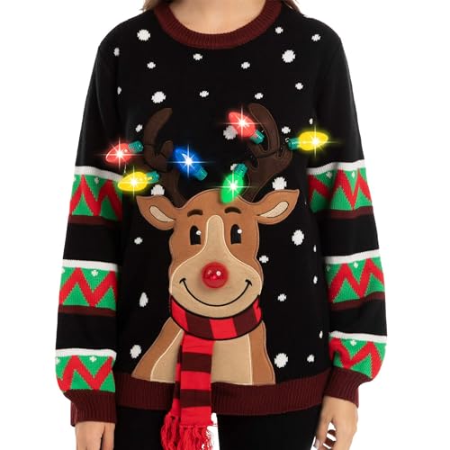 JOYIN Womens LED Light Up Reindeer Ugly Christmas Sweater Built-in Light Bulbs (Black, X-Large)