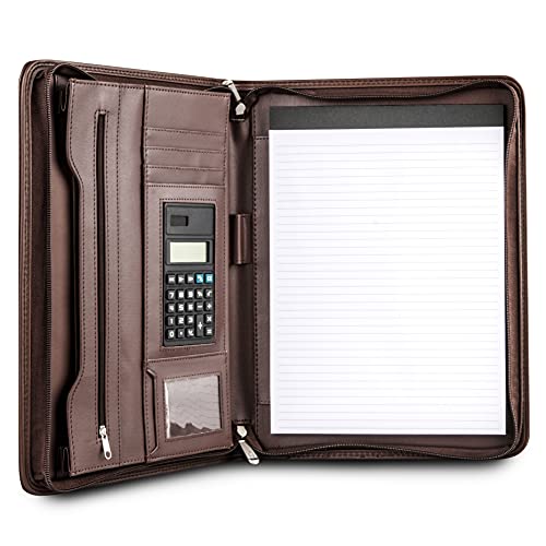 Cossini Premium Business Portfolio with Zipper – Padfolio - Superior Business Impressions Begin with PU Vegan Leather, 10.1 Inch Tablet Sleeve, Smart Storage, Solar Calculator, Writing Pad - Brown