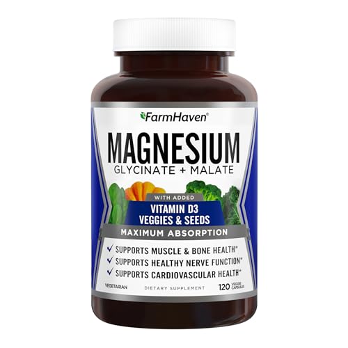 FarmHaven Magnesium Glycinate & Malate Complex w/Vitamin D3, 100% Chelated for Max Absorption, Vegetarian – Bone Health, Nerves, Muscles, 120 Capsules, 60 Days