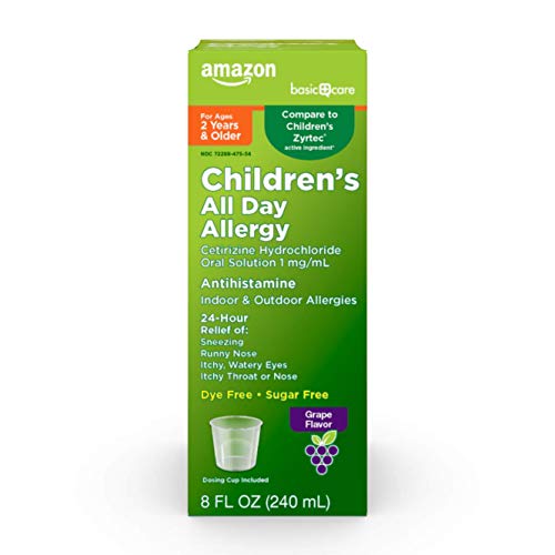 Amazon Basic Care Children’s 24 Hour Allergy Relief, Cetirizine Hydrochloride Oral Solution 1 mg/mL, Grape Flavor, Dye Free, 8 Fluid Ounces