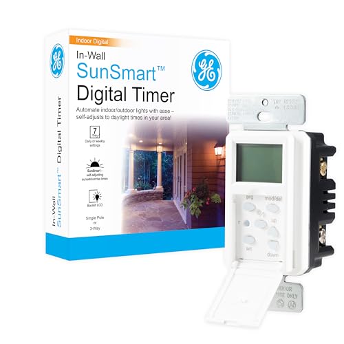 GE SunSmart Digital in-Wall Timer, Daily ON/Off Times, Programmable Settings, Sunset/Sunrise Presets, Vacation Security, White & Almond, Lights, Fans, Heaters, Timer Switch, Light Switch Timer, 32787