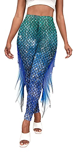 Mermaid Yoga Print Leggings for Women Plus Size Fish Scale High Waisted Pants Halloween Costume Tights S-XL (Blue-Green, L)