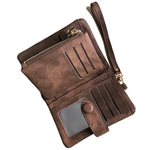 AOXONEL Women's Small Bifold Leather wallet Rfid blocking Ladies Wristlet with Card holder id window Coin Purse (Brown)