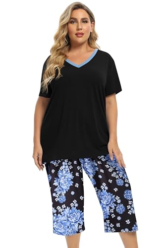 Vozanet Women's Short Sleeve Top Capri Pants Pajama Sets Lovely Floral Patterns 2PCS Nighty Lounge Sets Plus Size Mother's Pyjama, Blue Floral/Black, 5X-Large