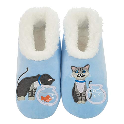 Snoozies Pairable Slipper Socks | Cozy and Fun House Slippers for Women, Fuzzy Slipper Socks | With Unique Designs, Non Slip Socks - Cat/Fishbowl - Blue - Medium