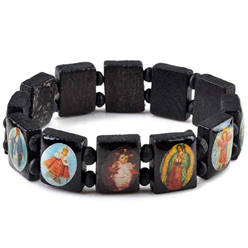Pinksee 2pcs Fashion Wooden Jesus Bracelet Saints Rosary Religious Bangles Elastic Stretch Bangle