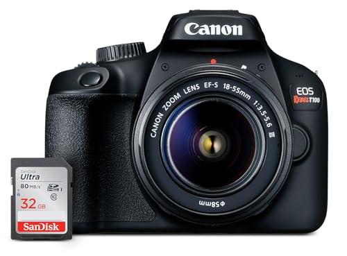 Canon EOS Rebel T100 DSLR Camera with EF-S 18-55mm f/3.5-5.6 III Lens, 18MP APS-C CMOS Sensor, Built-in Wi-Fi, Optical Viewfinder, Impressive Images & Full HD Videos, includes 32GB SD Card