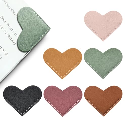 Leather Heart Bookmarks - Winjeto 6 Pieces Cute Corner Page Book Marks for Teachers Students Book Reading Lovers, for School Office Home Supplies
