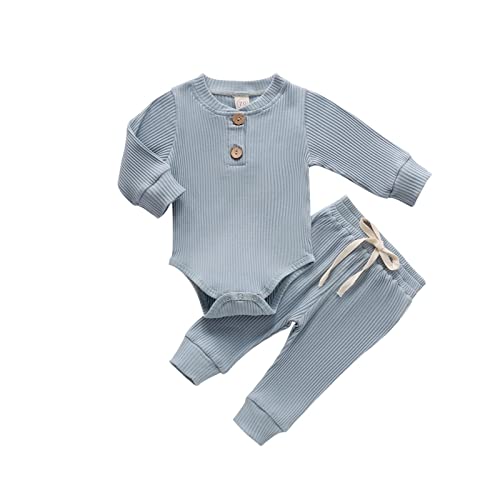 CIYCUIT Newborn Baby Boy Girl Outfits Long Sleeve Ribbed Romper Pants Set 0 3 6 12 18 24 Months Gender Neutral Baby Clothes Blue 0-3 Months