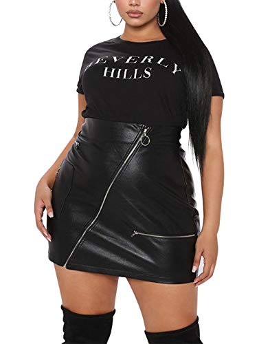 PYL Women’s Plus Size Zipper PU Faux Leather Skirt Short High Waist Mini Bodycon Black