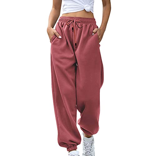 KSODFNXH Sweatpants Women Casual High Waist Plus Size Wide Leg Bound Pants with Pockets Trendy Solid Color Drawstring Pants