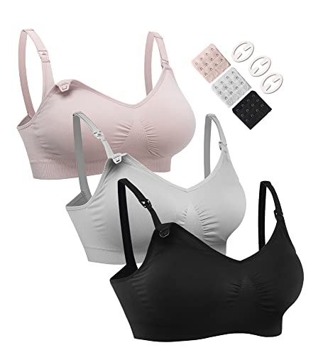 HOFISH 3PACK Full Bust Seamless Nursing Maternity Bras 3Pack Black,Grey,Elegant Pink Medium