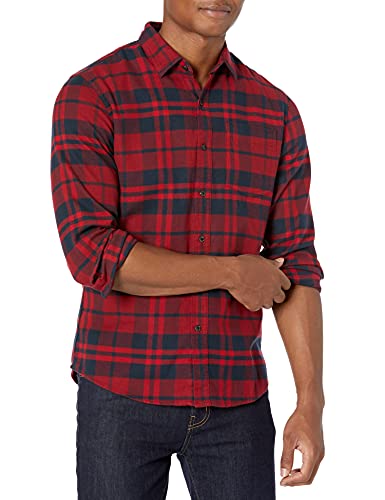 Amazon Essentials Men's Slim-Fit Long-Sleeve Plaid Flannel Shirt (Limited Edition Colors), Navy Red Plaid, Large