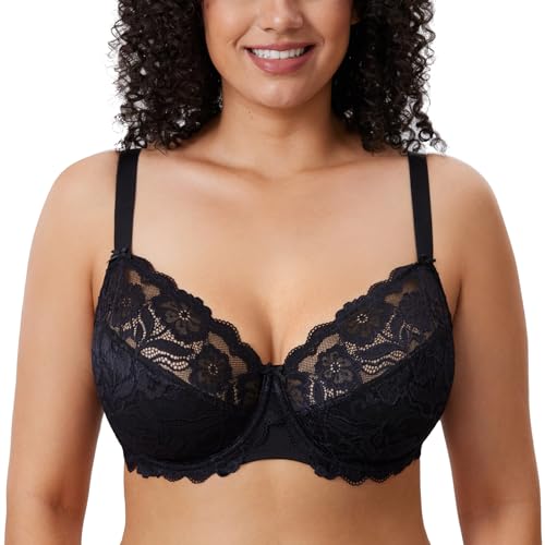 DELIMIRA Women's Plus Size Bras Full Coverage Lace Underwire Unlined Bra Black 32F
