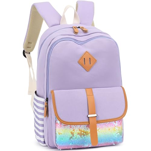 Leaper Girls Fashion Rainbow Sequin Canvas Backpack Travel Shoulder Bag Laptop Bag bag Daypack Purple