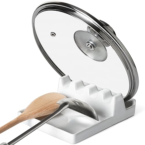 LE TAUCI Ceramic Spoon Rest for Stove Top, Spoon and Lid Rest for Kitchen Counter, Spoon Holder with Drip Pad for Multiple Utensils, Heat-Resistant, Housewarming Gift - 6.2 inch, Set of 1, White