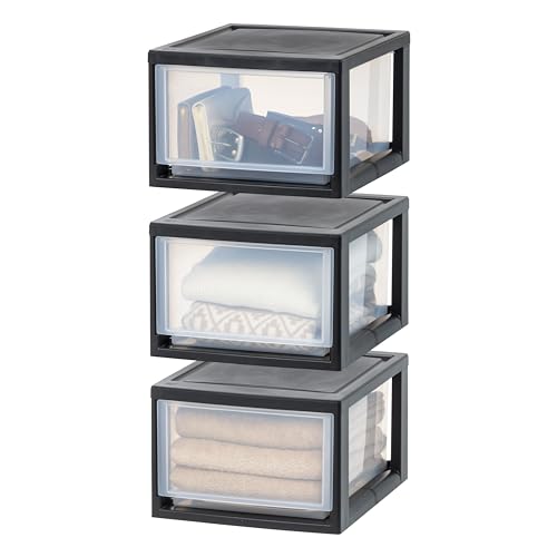 IRIS USA 14.5 Qt. Medium Plastic Stacking Drawer, Stackable Storage Organizer Unit with Sliding Drawer for Bedroom Kitchen Under Sink Pantry Craft Room Dorm Office, Black, 3-Pack