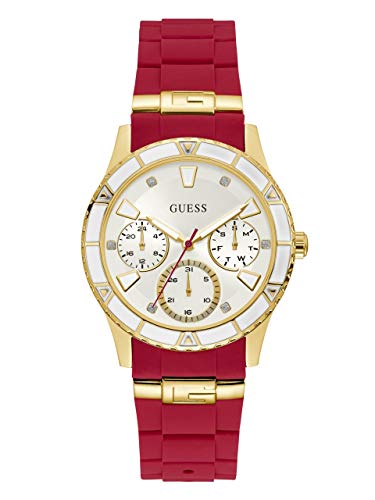 GUESS Gold-Tone + Iconic Red Stain Resistant Silicone Watch with Day, Date + 24 Hour Military/Int'l Time. Color: Red (Model: U1157L2)