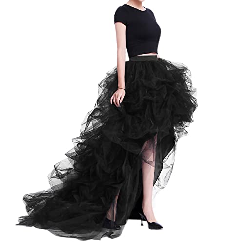 WDPL Women's Long High Low Ruffles Party Tulle Skirt (Black, Medium)