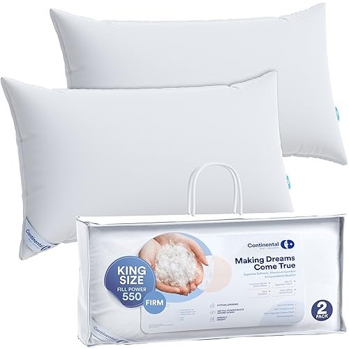 Firm Goose Down Pillow 2 Pack King Size 30 Ounce 20x36 Inch RDS Certified Fine Cotton Shell - Made in USA - Firm White Down Pillow