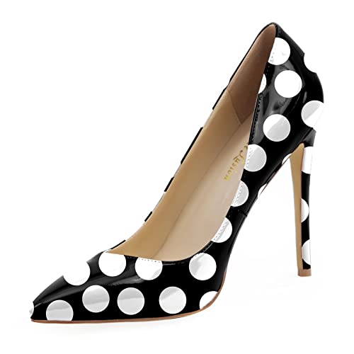Reindee Lusion Women's Pumps/Black White Polka Dots High Heels/Printed Pointy Toe Sexy High Heels/Elegant Slip on Pumps/Ladies Stiletto High Heels Shoes Size 8