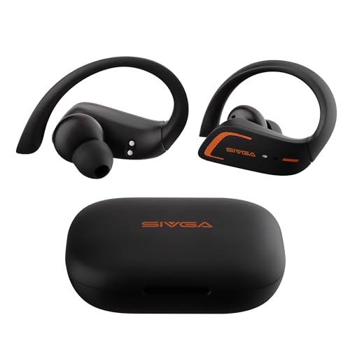 SIVGA SPT1 Wireless Headphones 46hrs Playtime Wireless Charging Case Digital Display Sports Earbuds with Earhooks for Running Workout (Black)