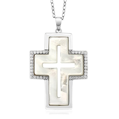Gem Stone King 925 Sterling Silver 1 Inch White Simulated Mother of Pearl MOP Cross Shape Pendant Necklace with 18 Inch Chain