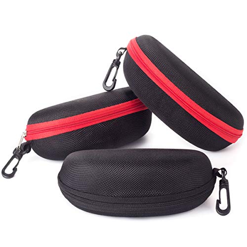 RayLove Sunglasses Case,(3 Pack) Portable Travel Zipper Eyeglasses Case Hook(2Red1Black)
