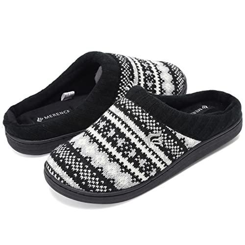 CIOR Women's Memory Foam House Slippers Sweater Knit Embroidered Pattern and Ribbed Hand-Knit Collar-U1MTW014-black-40-41