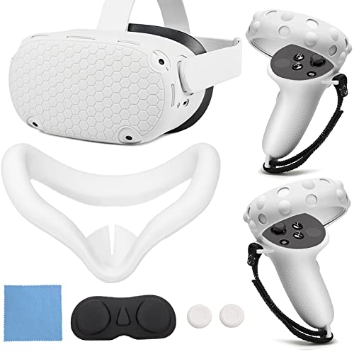 Silicone Cover Set for Oculus Quest 2, VR Protective Cover Include Front Shell Cover and Controller Grip Cover, Face Cover, Lens Protector Cover, Shakes Stick Caps Red (White)