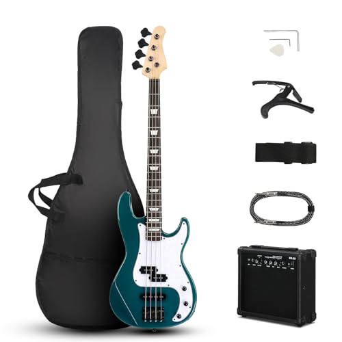 Ktaxon 4 String Electric Bass Guitar, PB-Style Full Size Standard Right Handed Beginner Kit with 20W AMP, Gig Bag, Strap, Upgrade Cable, Guitar Capo for Youths & Adults (Lake Blue)
