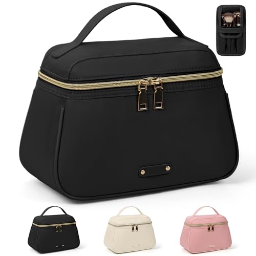 Travel Makeup Bag Large Capacity Make Up Bag Waterproof Cosmetic Bag Wide-open Toiletry Bag for Women with Separate Brushes Slot Portable Cosmetic Case Pouch Multifunction Organizer Storage Bag, Black