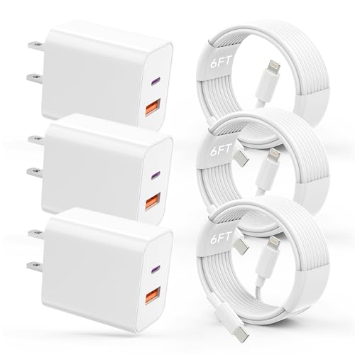 iPhone Charger Fast Charging,3Pack【MFi Certified】 20W PD+QC3.0 USB A Dual Port Wall Charger Block with 6FT USB C to Lightning Cable Compatible with iPhone 14 Pro Max/13 Pro/12 Pro/11/XS/XR/X/8
