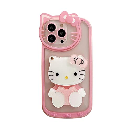 Olntun for iPhone 13 Cute Cartoon Cat Case,3D Bow Kawaii Pink Cartoon Cat Face Makeup Mirror Women Girls Kids Soft TPU Clear Protective Phone Cover for iPhone 13 6.1 inch